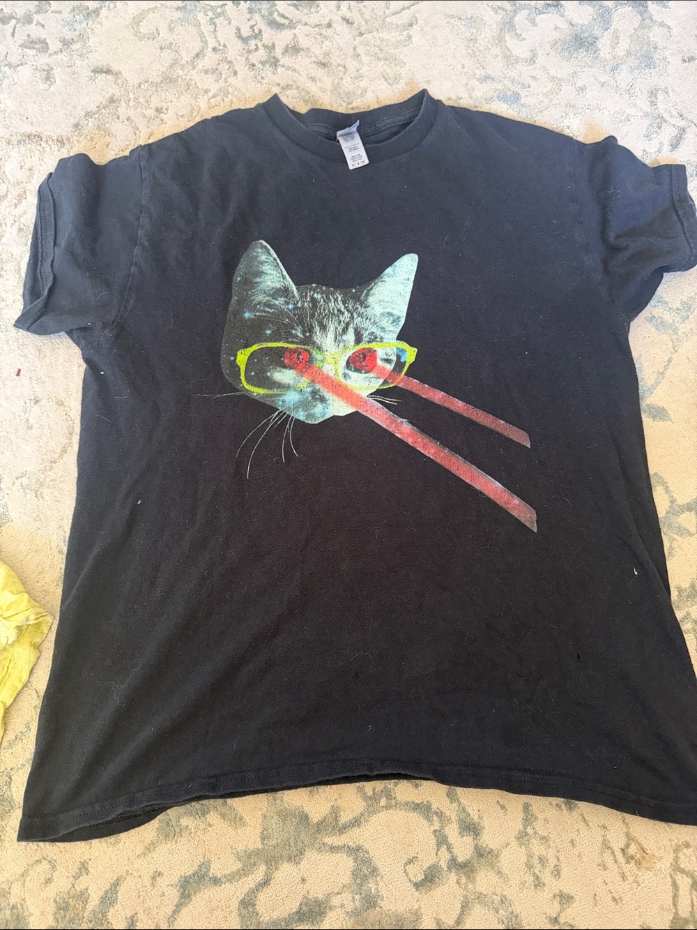 Gildan Black Tee with Neon Cat and Red Laser Beams